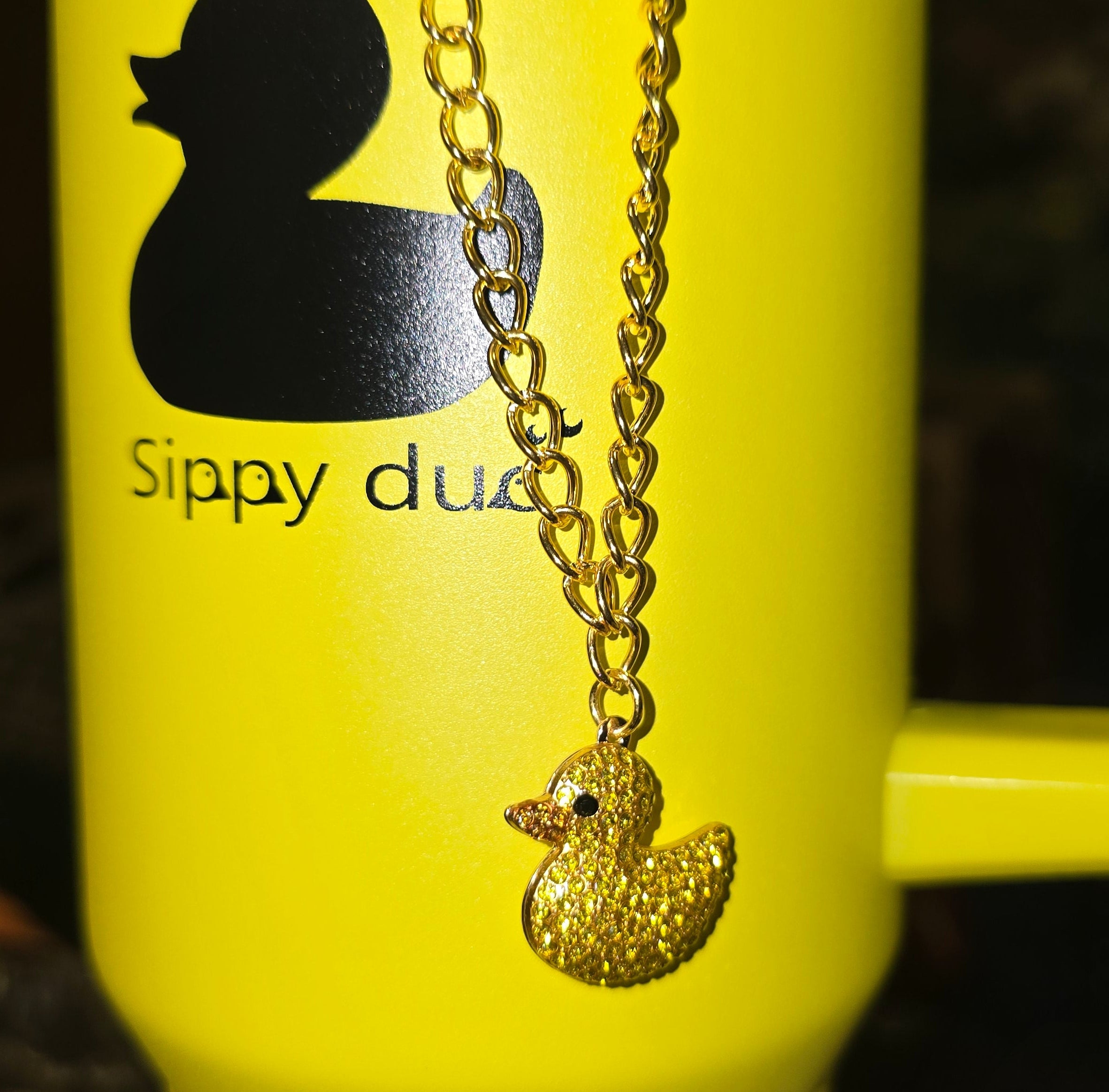 SippyDuc Duck Charm Necklace – Shiny Gold Chain with Sparkly Yellow Duck Charm